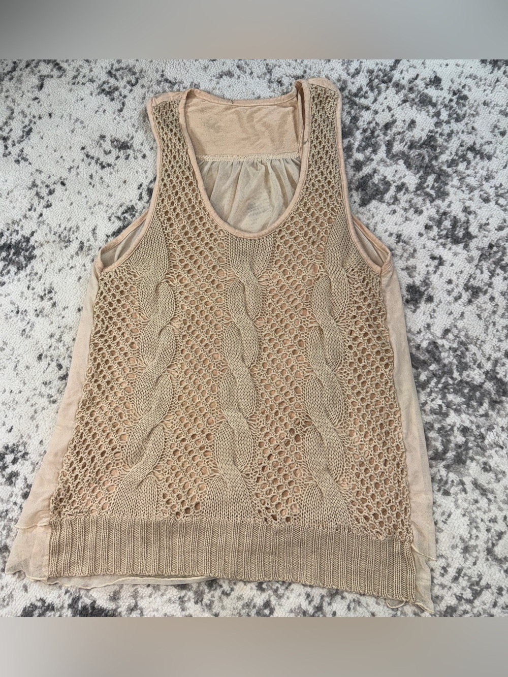 Womens Boho Crochet Knit Tank Top Beige Sheer Mesh Back Sleeveless Size M L